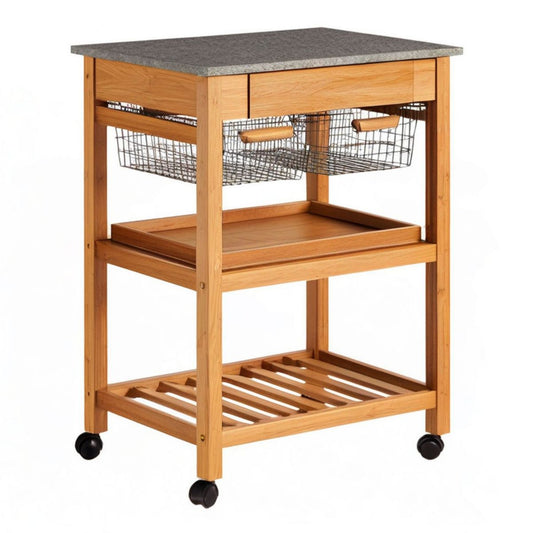 Bambusowy wózek kuchenny z granitowym blatem 67 × 45 × 85 cm, naturalny brązowy/szary/czarny
