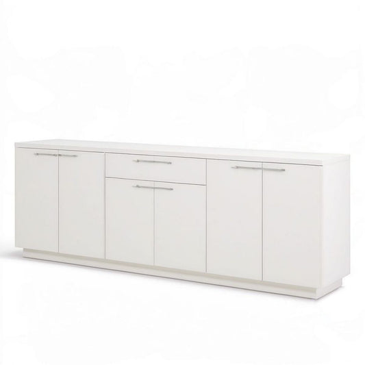 Biała komoda MDF 200 × 40 × 85 cm z 6 drzwiami, szufladą i srebrnymi uchwytami